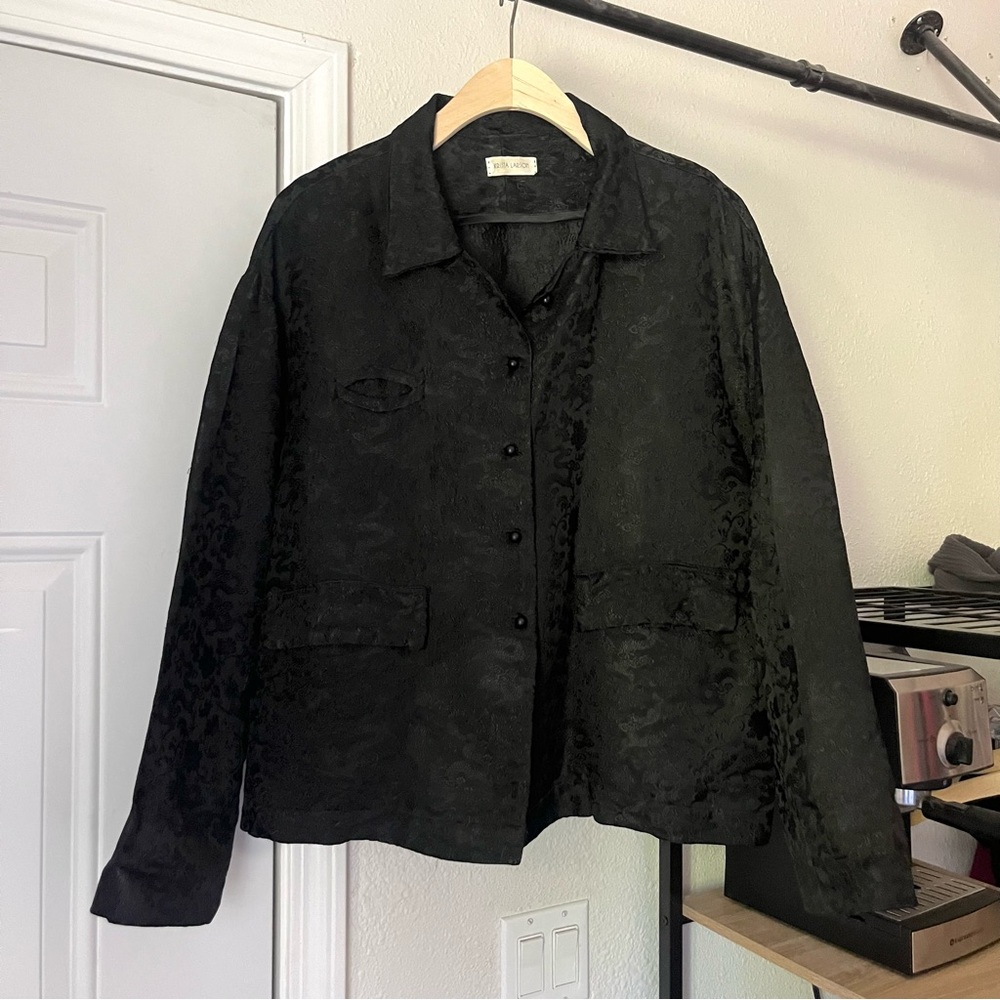 KRISTA‎ LARSON black rayon silk vintage satin dragon boxy button up jacket